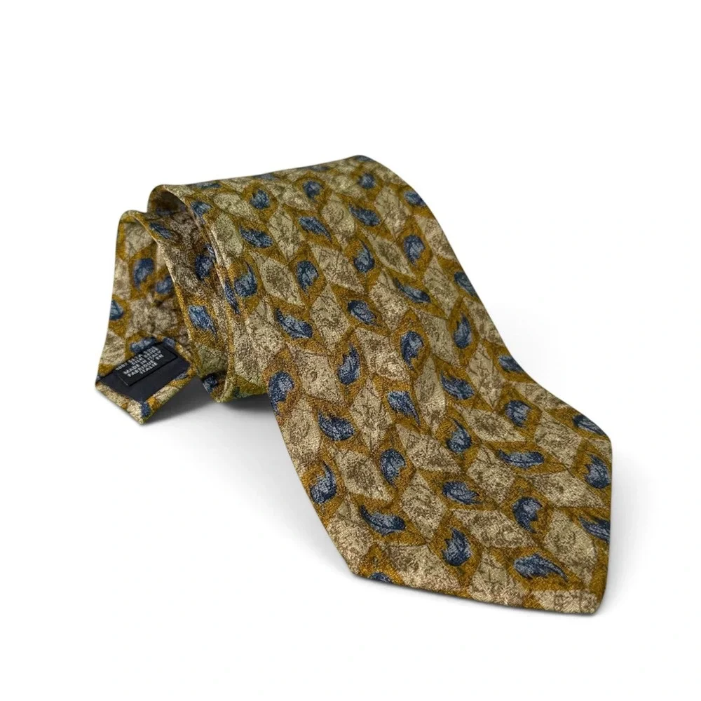 Canali Made in Italy 100% Silk Tie Gold Blue Leaf Geometric Men's Necktie